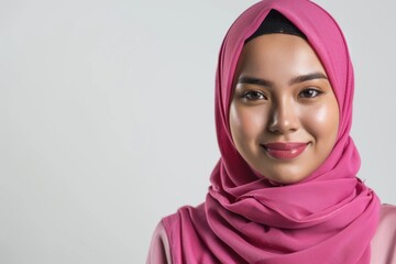 Portrait of young Muslim woman in pink hijab smiling.