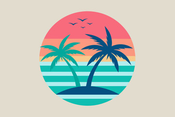 Fototapeta na wymiar Summer t-shirt design. Retro and vintage summer vibes t-shirt design with palm tree, sea beach, and sunset vector illustration.