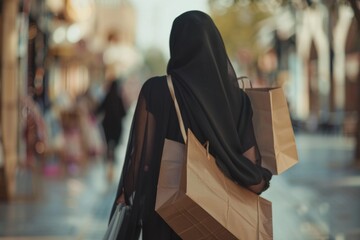 Young Arab woman shopping  carrying bags  wearing abaya and hijab.
