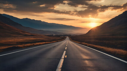 A long road with a sunset in the background - Powered by Adobe