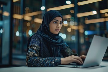 Young Muslim businesswoman in hijab works on digital projects.