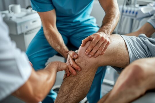 Male physical therapist healing mans knee in rehabilitation clinic - physiotherapy concept