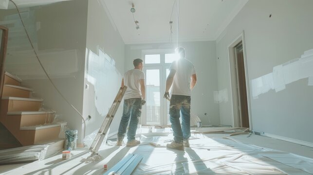 Professional workers painting modern living room walls during home renovation service