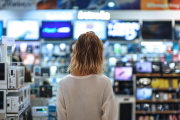 Back view of young woman in electronics store