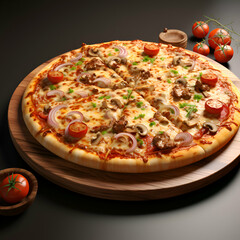 Pizza with meat. mushrooms. tomatoes and onions on a black background