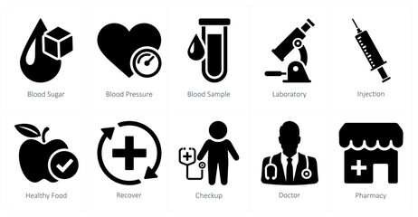 A set of 10 health checkup icons as blood sugar, blood pressure, blood sample