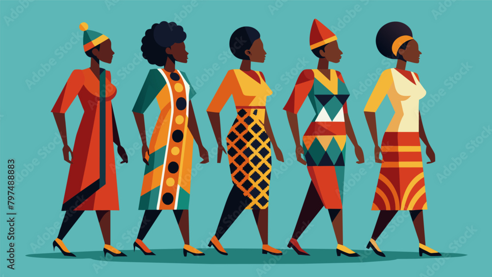 Poster a group of models walking in unison wearing a variety of dashikis each with a unique and intricate p