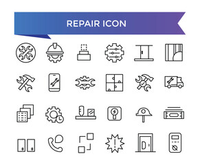 Repair icon collection. Related to fix, maintenance, toolbox, assistance, broken, troubleshoot, patch and repairman service icons. Line icon set.