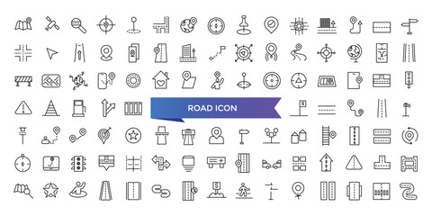 Road icon collection. Related to street, highway, traffic light, directions, parking, route, intersection and roundabout symbol. Line icon set. - obrazy, fototapety, plakaty
