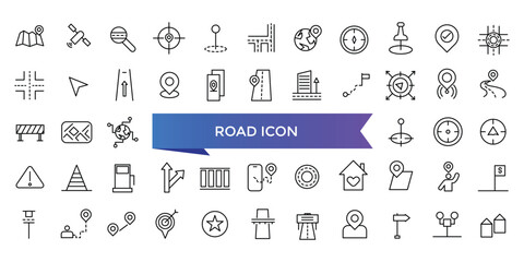 Road icon collection. Related to street, highway, traffic light, directions, parking, route, intersection and roundabout symbol. Line icon set.