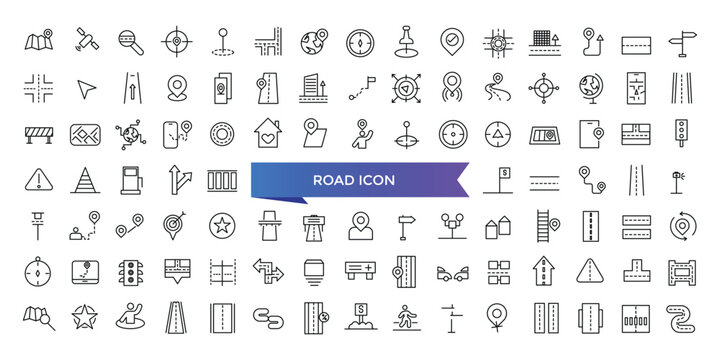 Road icon collection. Related to street, highway, traffic light, directions, parking, route, intersection and roundabout symbol. Line icon set.