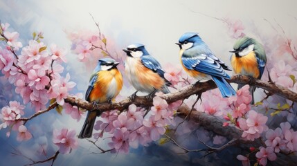 intricate watercolor composition portraying a variety of exotic birds perched on blooming branches