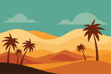 Fototapeta na wymiar Desert Panorama Background with Palm Trees vector design