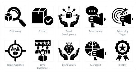 A set of 10 branding icons as positioning, product, brand development
