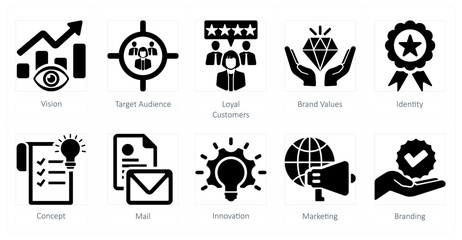 A set of 10 branding icons as vision, target audience, loyal customers