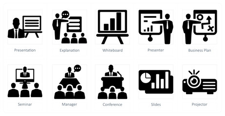 A set of 10 business presentation icons as presentation, explanation, white board