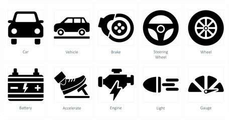 A set of 10 car icons as car, vehicle, brake