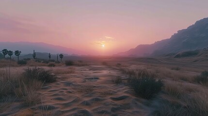 Desert scene, twilight, low-angle shot, deep blues and purples, sharp focus