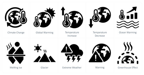 A set of 10 climate change icons as climate change, global warming, temperature increase - obrazy, fototapety, plakaty