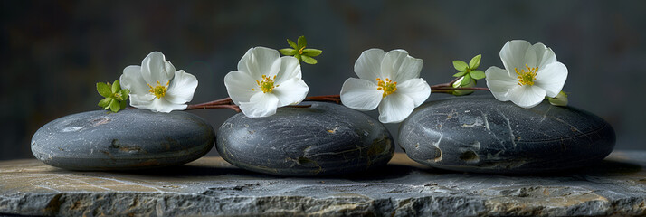Fototapeta na wymiar A bouquet of white flowers is placed on top of stone, A Tranquil Stone Spa with white beautiful flowers