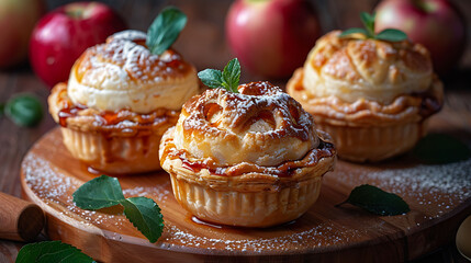 mini apple pies with ice cream - obrazy, fototapety, plakaty
