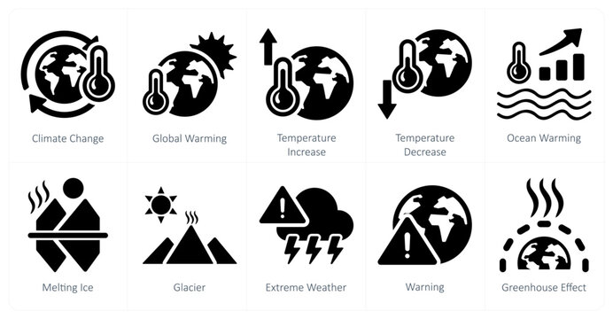 A set of 10 climate change icons as climate change, global warming, temperature increase