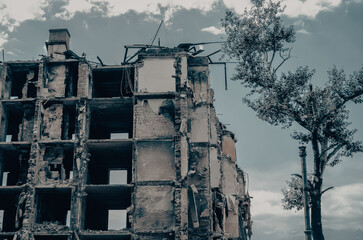 destroyed and burned houses in the city in Ukraine war