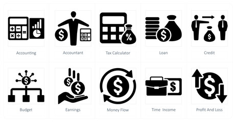 A set of 10 accounting icons as accounting, accountant, tax calculator