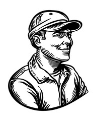 portrait man cap engraving black and white outline