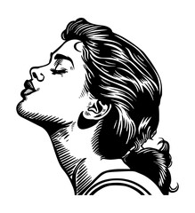 girl kiss pose portrait engraving black and white outline