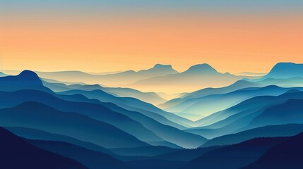 A stylized graphic depiction of a mountainous horizon at dusk, with silhouetted peaks and a gradient sky transitioning from warm oranges to cool blues - obrazy, fototapety, plakaty