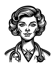 retro doctor woman portrait engraving black and white outline