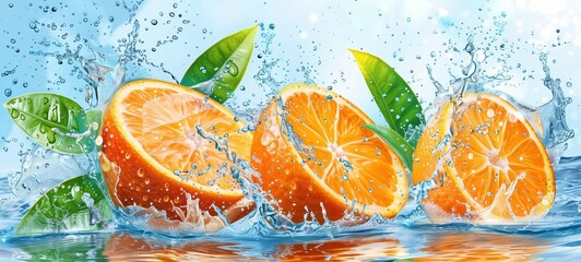 Oranges in water splash. Vibrant sliced oranges with splashing water and fresh green leaves, capturing a refreshing and juicy moment.