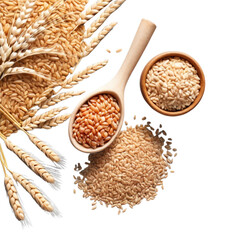 Organic peeled spelt grains and ear of wheat in wooden spoon on Isolated transparent background png. generated with AI