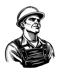 man worker helmet portrait engraving black and white outline