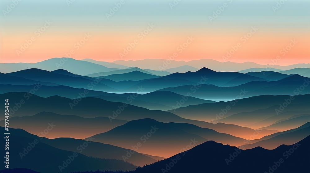 Wall mural A stylized graphic depiction of a mountainous horizon at dusk, with silhouetted peaks and a gradient sky transitioning from warm oranges to cool blues - Wall murals
