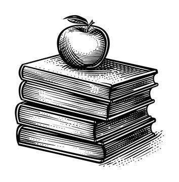book stack apple engraving black and white outline
