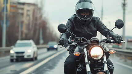 A male motorcyclist rides a motorcycle along a city street