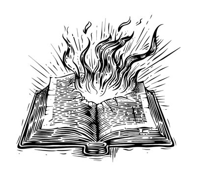 recommend clip art: old book open burned engraving black and white outline