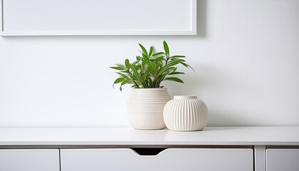 Fototapeta na wymiar white interior, modern vase and interior plant pot on sleek white furniture against a clean white background