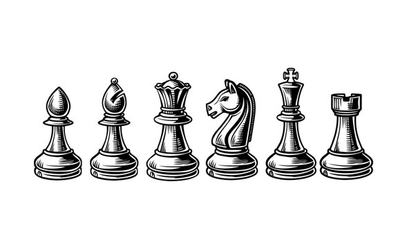 chess pieces engraving black and white outline