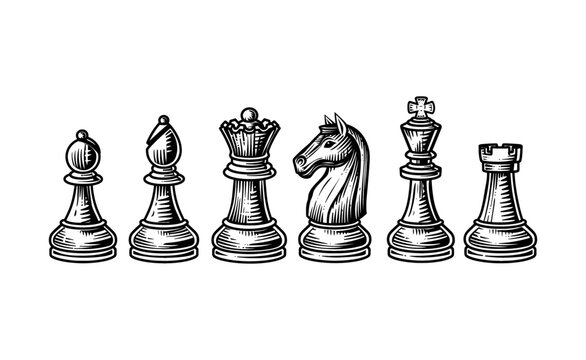 chess pieces engraving black and white outline