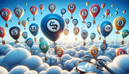 Comparison of Costs and Value as Cartoon Balloons with Price Tags Float in the Sky in Photo Real Budget Balloons Concept on Adobe Stock