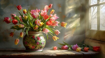 Abundant Tulip Bouquet in Hand Painted Ceramic Vase on Vintage Distressed Table Illuminated by Warm Window Light - 797495003