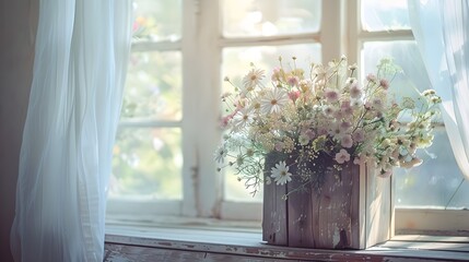 Delicate Floral Arrangement in Rustic Wooden Crate on Farmhouse Style Table with Sheer Curtain Backdrop - 797495011