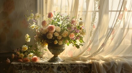 Lavish Floral Arrangement Framed by Billowing Curtains in Soft Diffused Light - 797495012