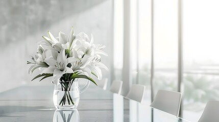 Minimalist Floral Arrangement in Transparent Glass Pitcher by Bright Window - 797495040