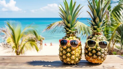 Two Pineapples Wearing Sunglasses on a Beach