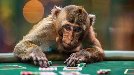 Monkey Playing a Game of Cards on a Table