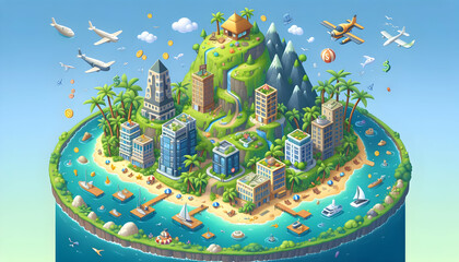 Vibrant Cartoon Island Paradise with Diverse Investment Opportunities - Photo Real Illustration for Investment Island Concept in Photo Stock